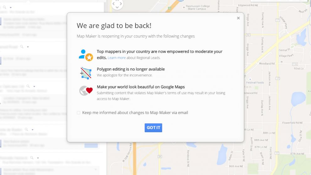 A screen grab from the Google Map Maker webpage made on Aug. 25, 2015 shows the message that the tool is reopening in the United States with some changes.