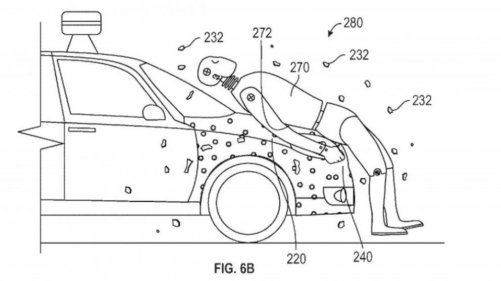An illustration from a patent application shows the operation of an adhesive that Google hopes will help mitigate injuries when a car strikes a pedestrian.