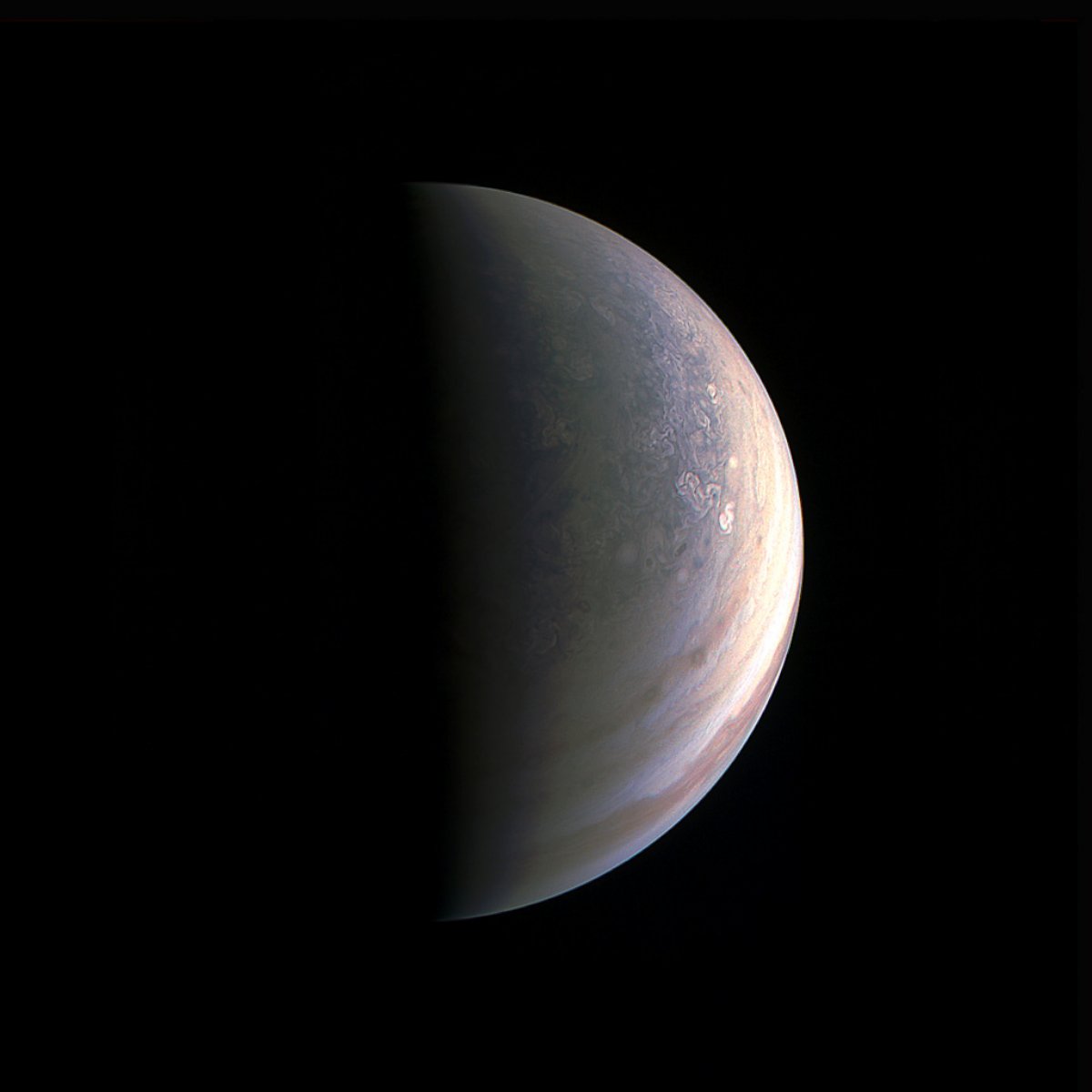 PHOTO: NASA's Juno spacecraft captured this view as it closed in on Jupiter's north pole, about two hours before closest approach on Aug. 27, 2016.