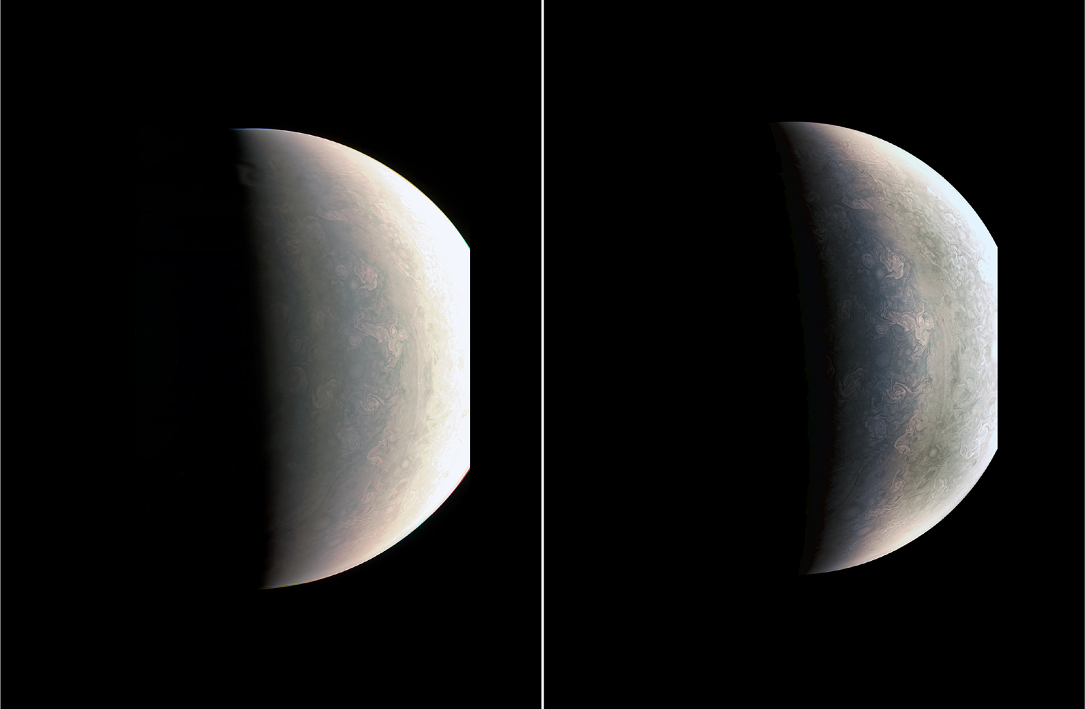 PHOTO: Juno was about 48,000 miles above Jupiter's polar cloud tops when it captured this view, showing storms and weather unlike anywhere else in the solar system.