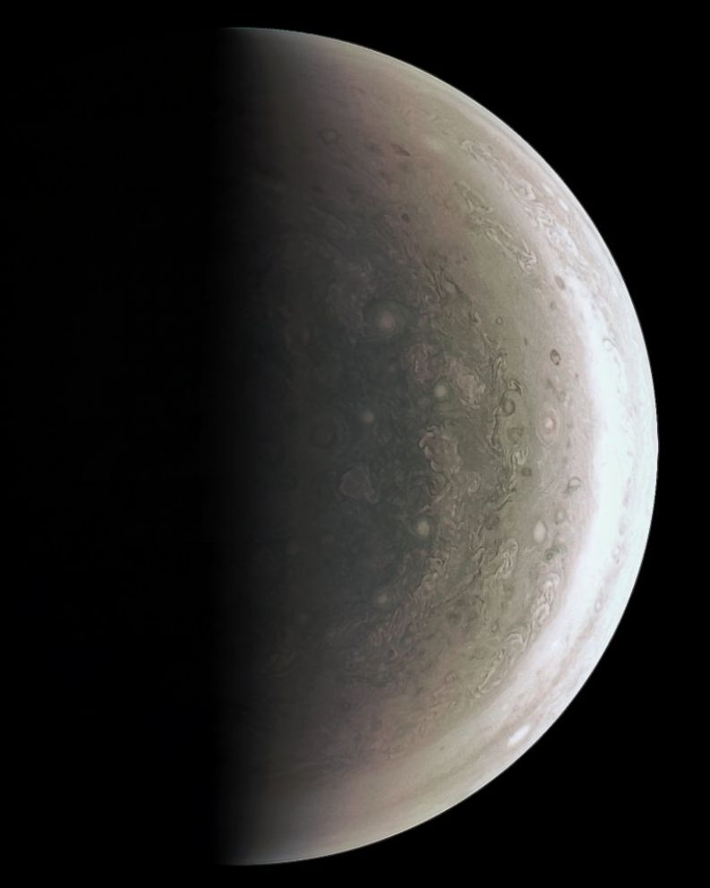 PHOTO: The JunoCam instrument acquired this view of Jupiter's south polar region about an hour after closest approach on Aug. 27, 2016, when the spacecraft was about 58,700 miles above the cloud tops.
