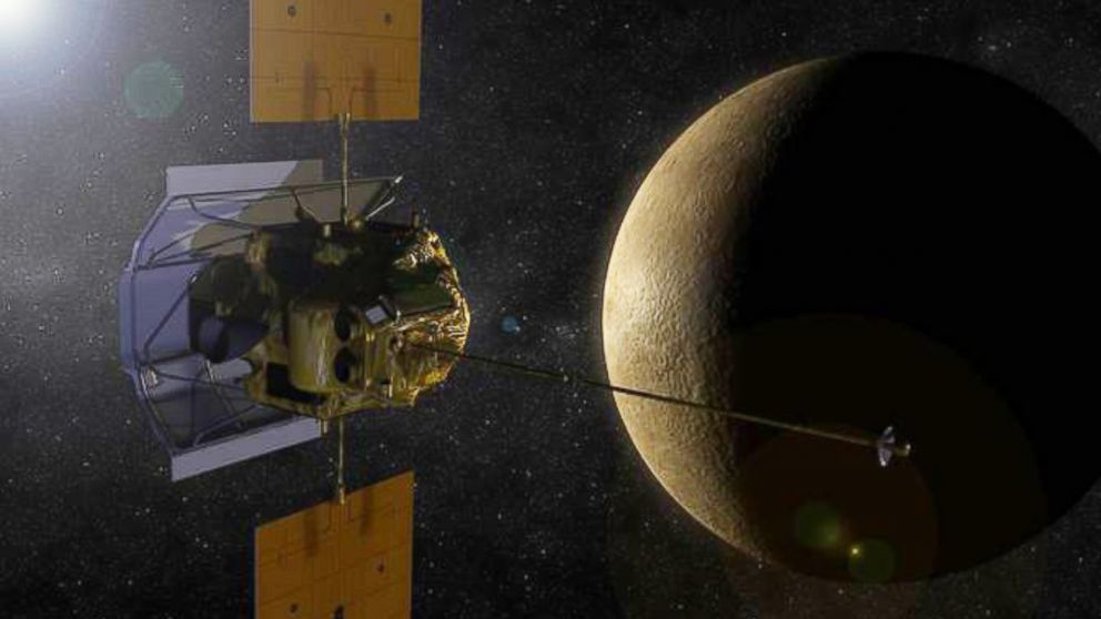 An artist concept of the Messenger spacecraft in orbit around planet Mercury.