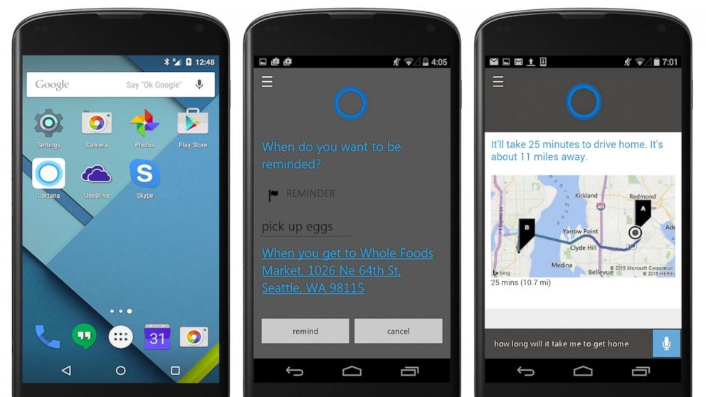 Images released by Microsoft on May 26, 2015 show the Microsoft Cortana application running on an Android phone.  