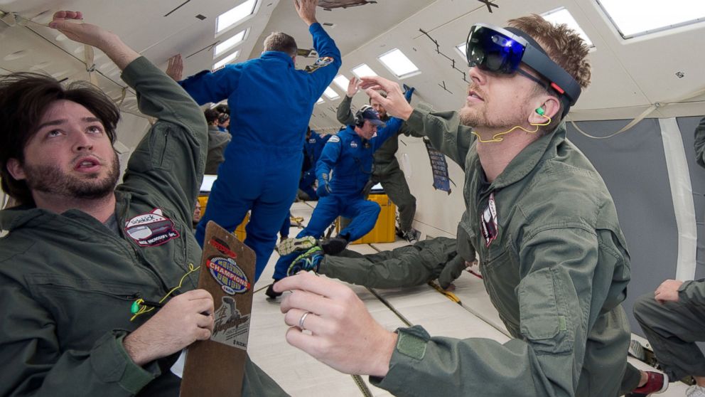 Microsoft's virtual reality goggles will be on board SpaceX's next launch to the International Space Station. Pictured: NASA and Microsoft engineers test Project Sidekick on NASA’s Weightless Wonder C9 jet.
