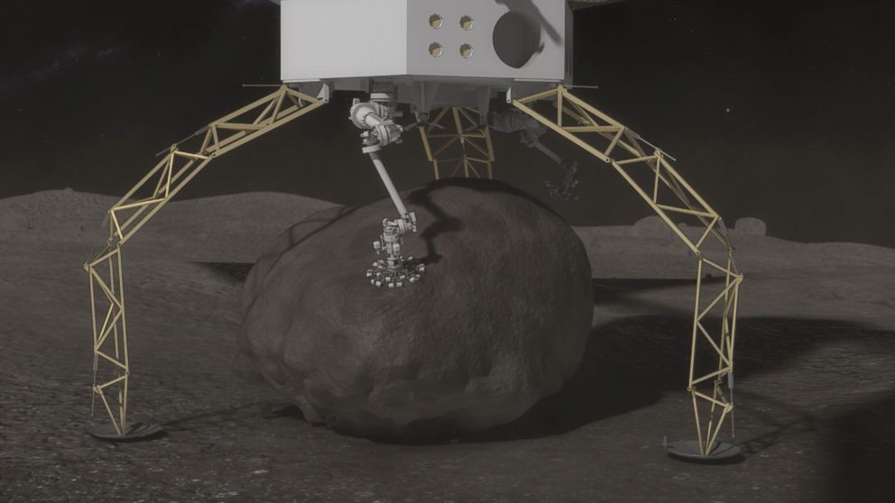 PHOTO: Once the boulder is secured, the ARV will mechanically push off, or “hop,” from the surface and then use thrusters to ascend from the asteroid’s surface in this graphic provided by NASA.