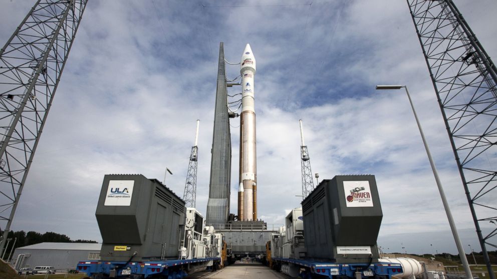 PHOTO: The MAVEN spacecraft arrives at the pad at Space Launch Complex 41 on Cape Canaveral Air Force Station in Florida after a 20-minute journey from the Vertical Integration Facility, Nov. 16, 2013.