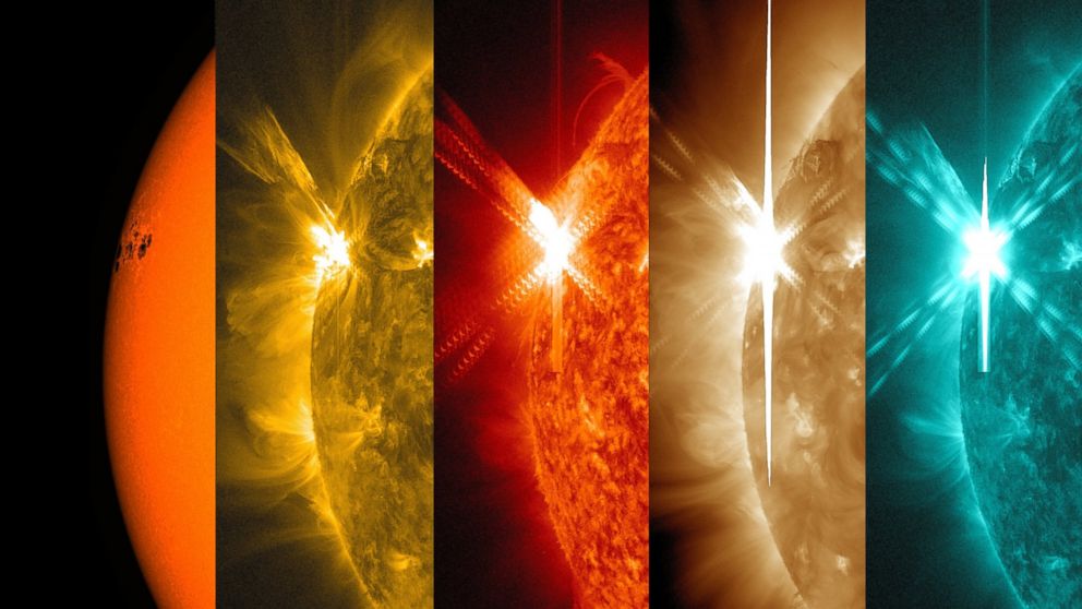 NASA's Solar Dynamics Observatory captured these colorized images of a solar flare on May 5, 2015. Each image shows a different wavelength of extreme ultraviolet light that highlights a different temperature of material on the sun.