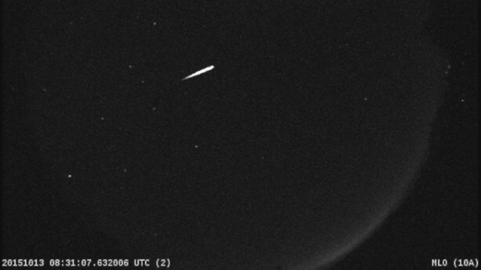 An Orionid meteor is recorded by the NASA All Sky Fireball Network station on top of Mt. Lemmon, Ariz. on the early morning of Oct. 13, 2015.