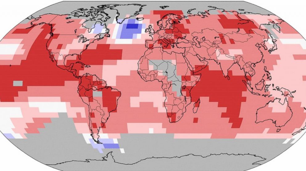 PHOTO: An image from NOAA shows the areas of the world that have experienced warmer-than-average and record warm temperatures in 2015.