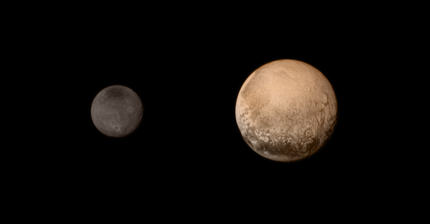 A portrait from the final approach. Pluto and Charon display striking color and brightness contrast in this composite image from July 11, 2015 showing high-resolution black-and-white LORRI images.