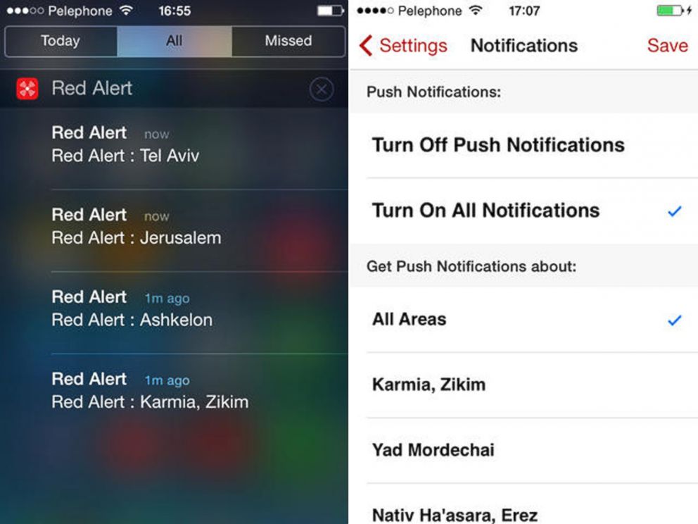 PHOTO: Sample screens from the "Red Alert: Israel" iPhone app, which the makers claim, "provides real time alerts every time a terrorist fires rockets, mortars or missiles into the State of Israel."