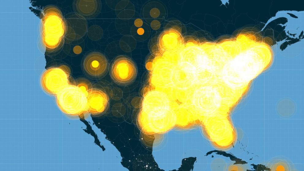 PHOTO: A Twitter heat map made on cartodb.com shows geotagged tweets mentioning Ferguson or #Ferguson after the grand jury announcement was made on the evening of Nov. 24, 2014.