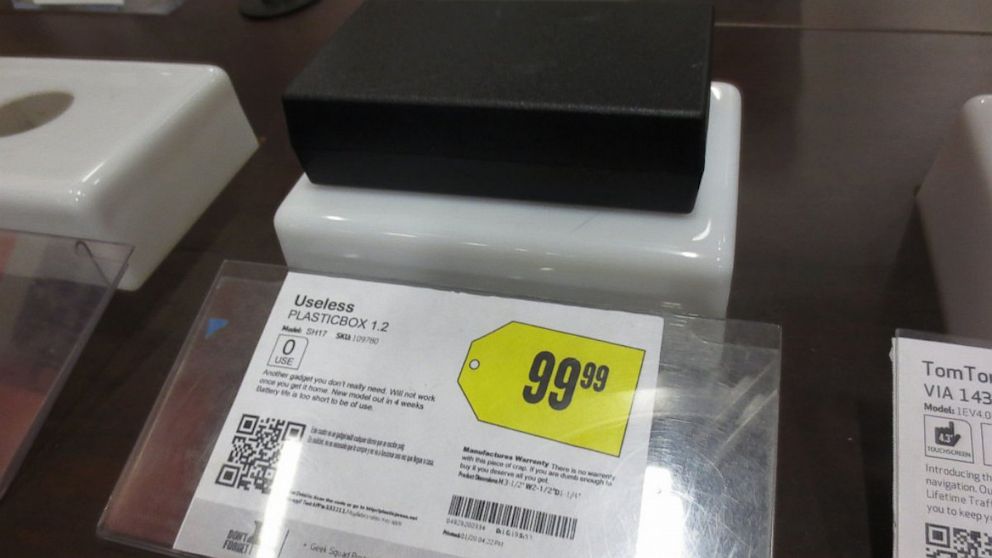 PHOTO: A man placed a "Useless Plastic Box" on Best Buy shelves in Los Angeles.