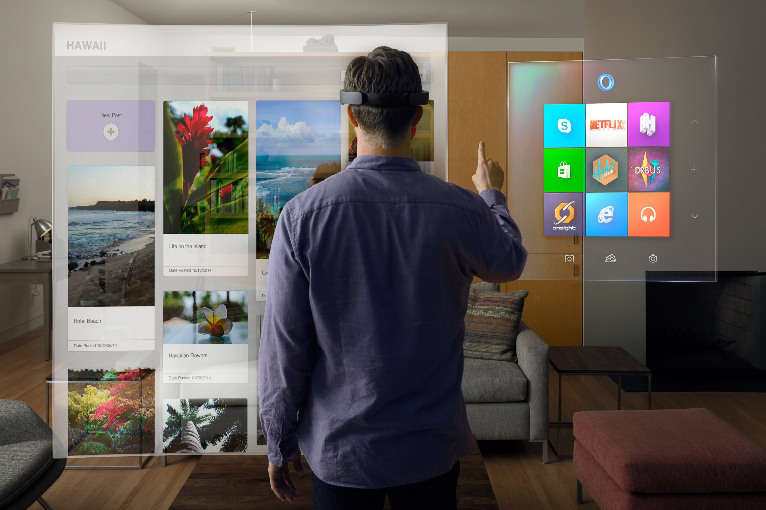 PHOTO: A handout image from Microsoft released on Jan. 21, 2014 shows a mock-up of the interface of the new HoloLens goggles that allows users to interact with applications through gesture and voice commands.