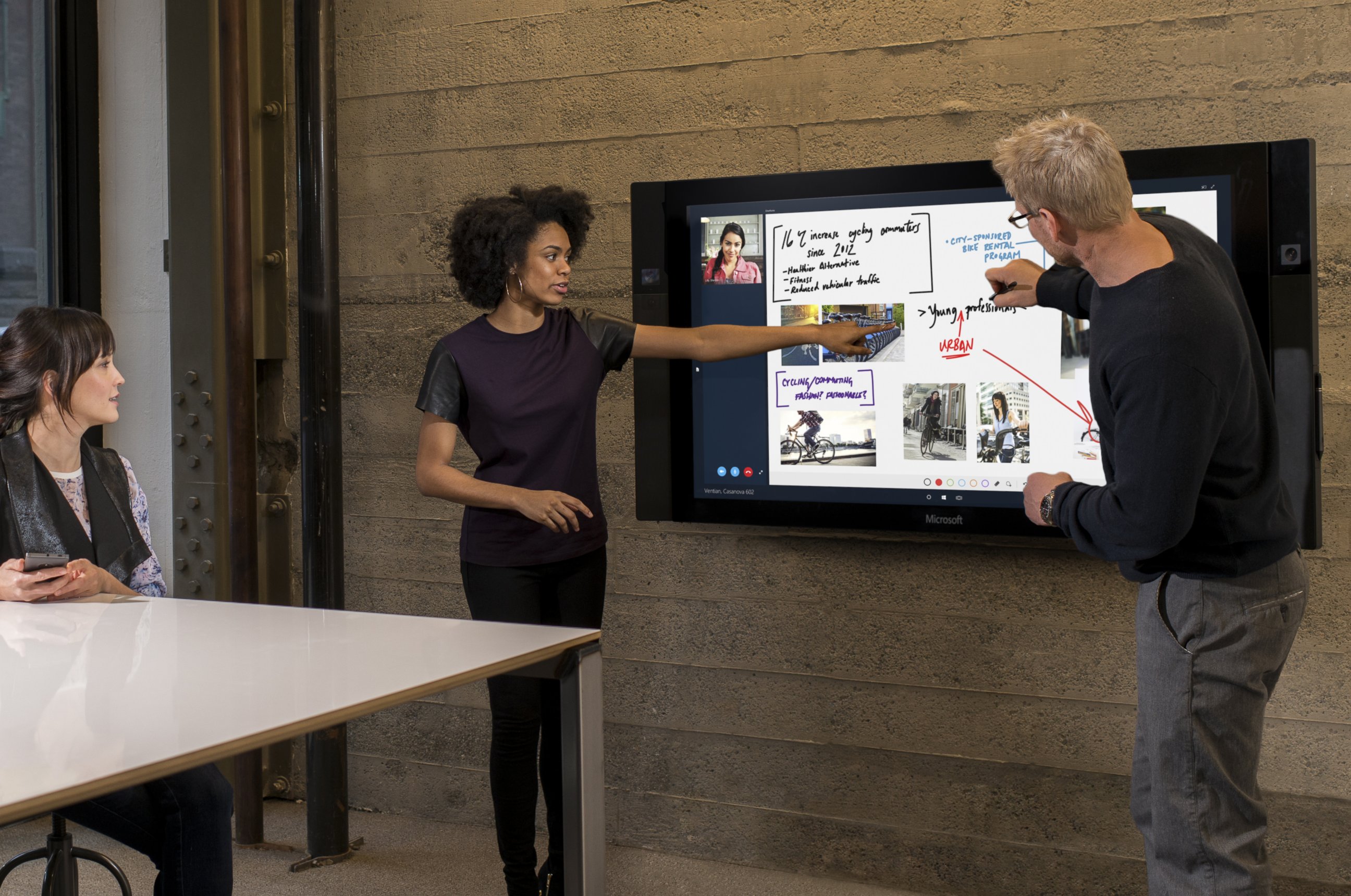 PHOTO: A handout image from Microsoft released on Jan. 21, 2014 shows the Windows 10 Surface Hub, intended to facilitate collaborative projects.