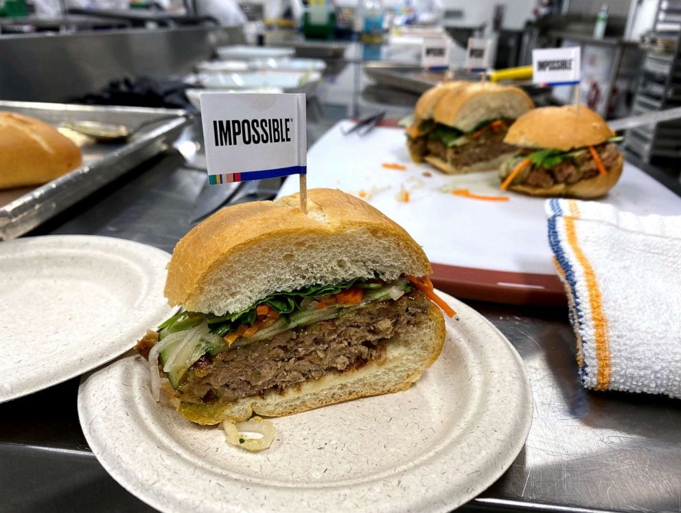PHOTO: A banh mi sandwich made with a plant-based Impossible Pork patty at the Impossible Foods headquarters in Silicon Valley, in San Francisco, Dec. 19, 2019.