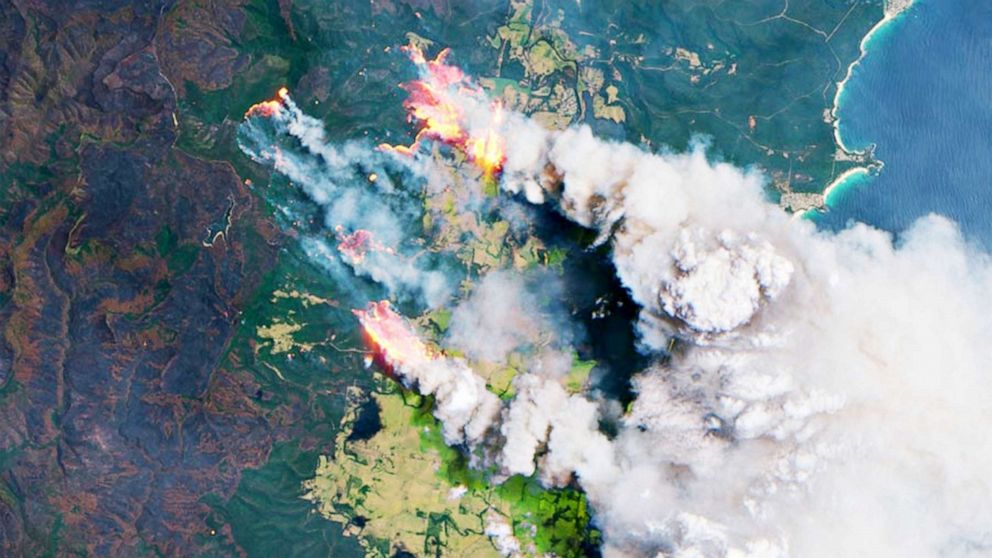 PHOTO: A satellite image captured by the Copernicus Sentinel-2 mission shows wildfires smoke on the east coast of Australia, Dec 31, 2019.