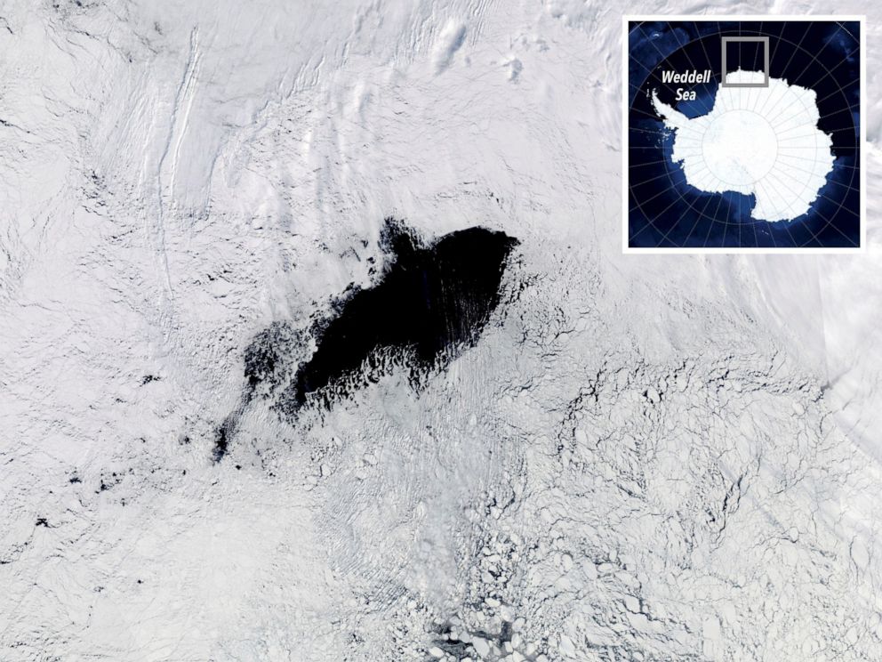 PHOTO: The hole in the sea ice offshore of the Antarctic coast as seen by a NASA satellite on Sept. 25, 2017.