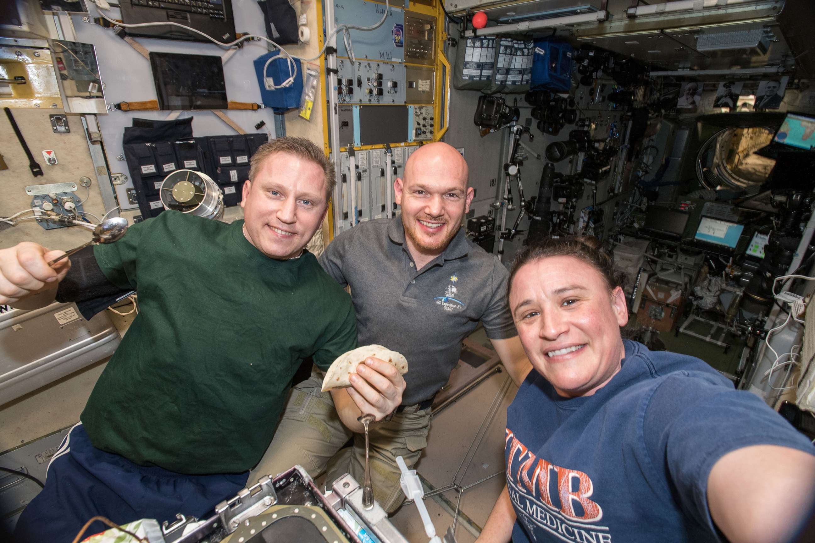 PHOTO: Flight Engineer Serena Aunon-Chancellor takes a group-selfie with Expedition 57 crewmates aboard the International Space Station, flight engineer Sergey Prokopyev and Alexander Gerst, in a photo shared on Nov. 9, 2018.
