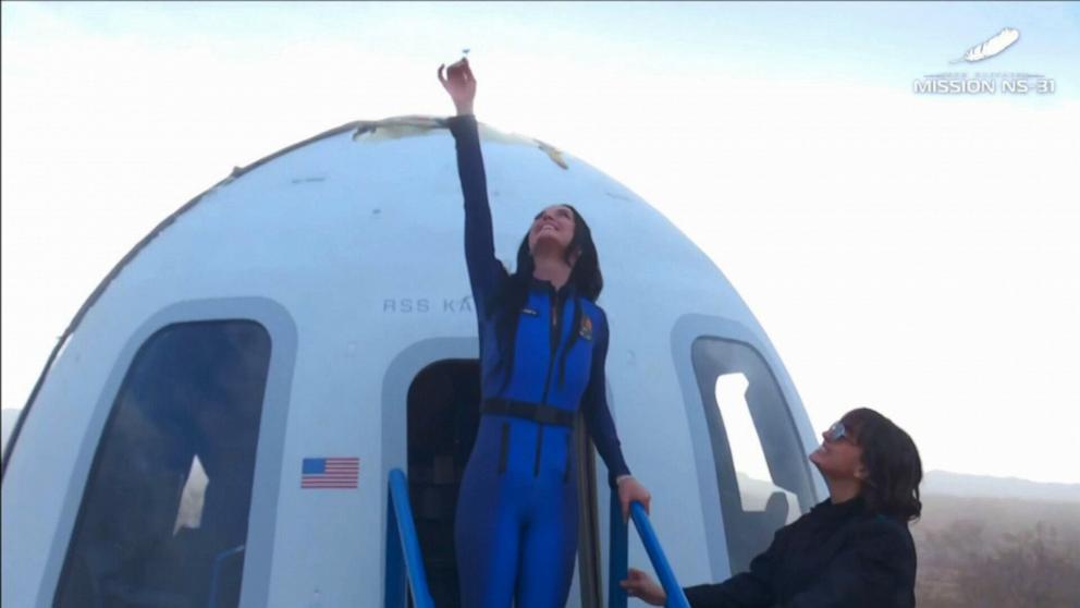 PHOTO: This screen grab taken from a Blue Origin livestream of the launch shows, Katy Perry returning to Earth following the launch of Blue Origin New Shepard's flight NS-31 in West Texas, April 14, 2025.