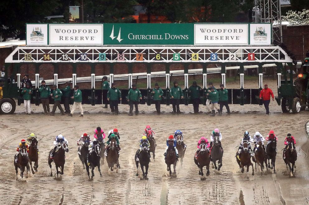 PHOTO: The field breaks from the gate at the start of the 145th running of the Kentucky Derby at Churchill Downs, May 4, 2019, in Louisville, Kentucky.