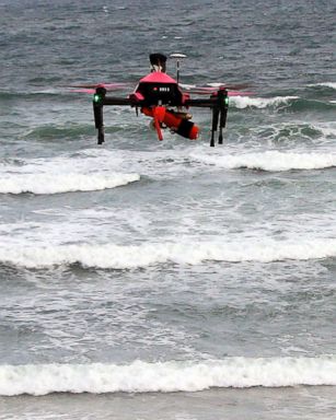 PHOTO: A rescue drone flies during a training flight operation in the Atlantic beach of Biscarrosse, southwestern France, Aug. 8, 2017.