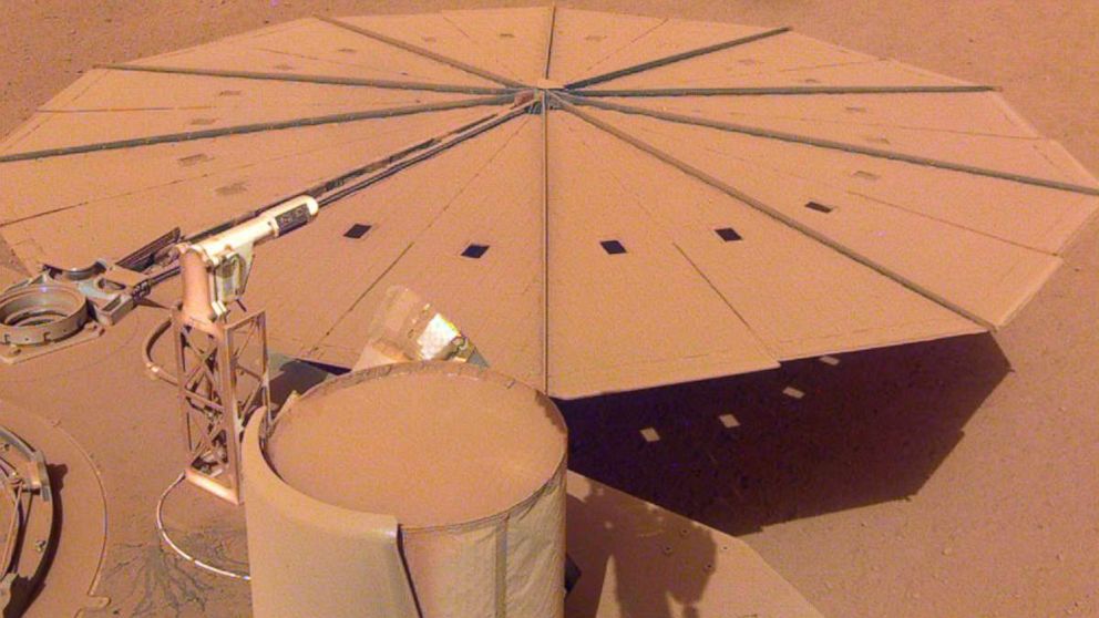 PHOTO: One of the dust-covered solar panels on NASA's InSight Mars lander in an image captured on April 24, 2022.