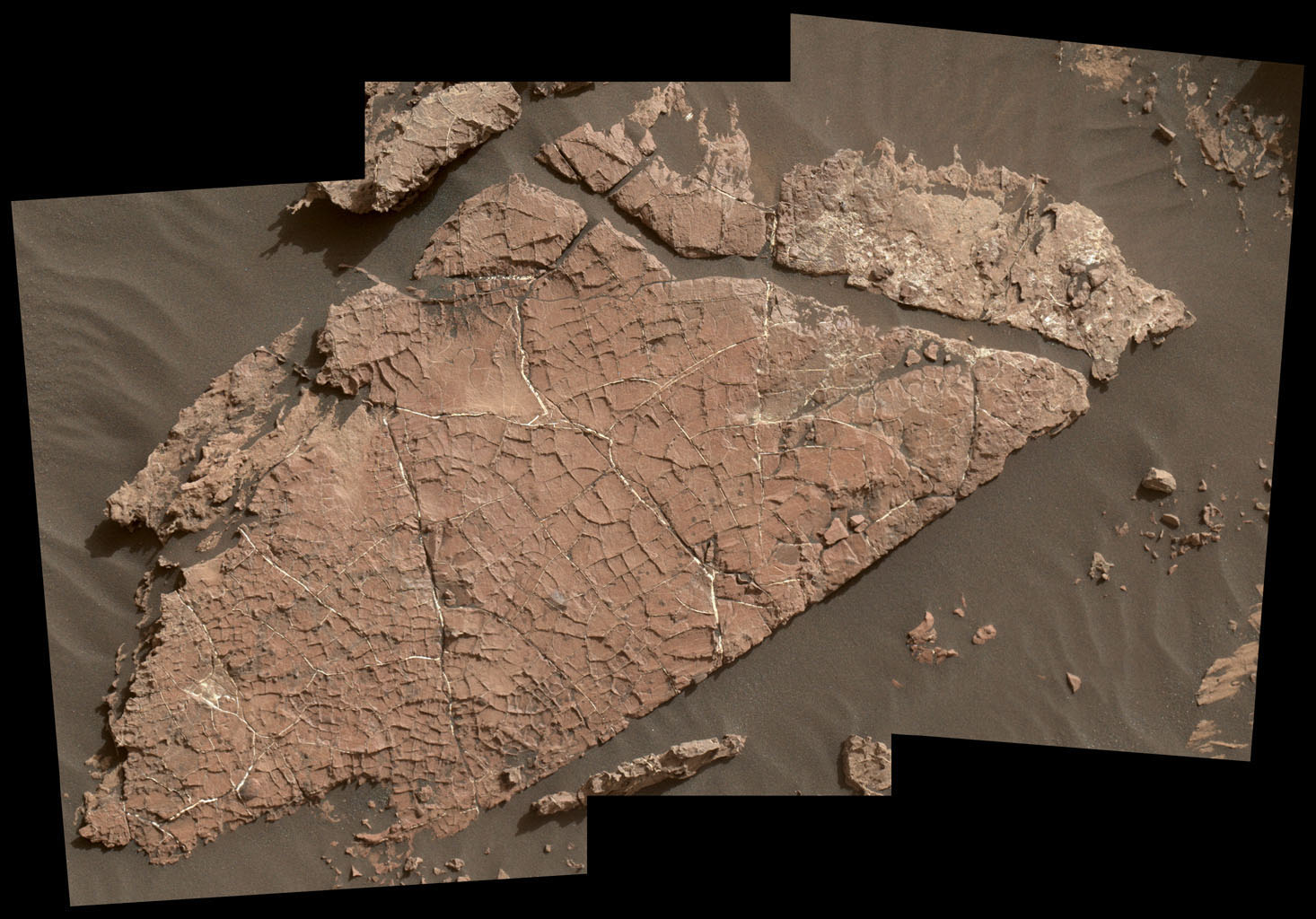 PHOTO: The network of cracks in this Martian rock slab called "Old Soaker" may have formed from the drying of a mud layer more than 3 billion years ago.