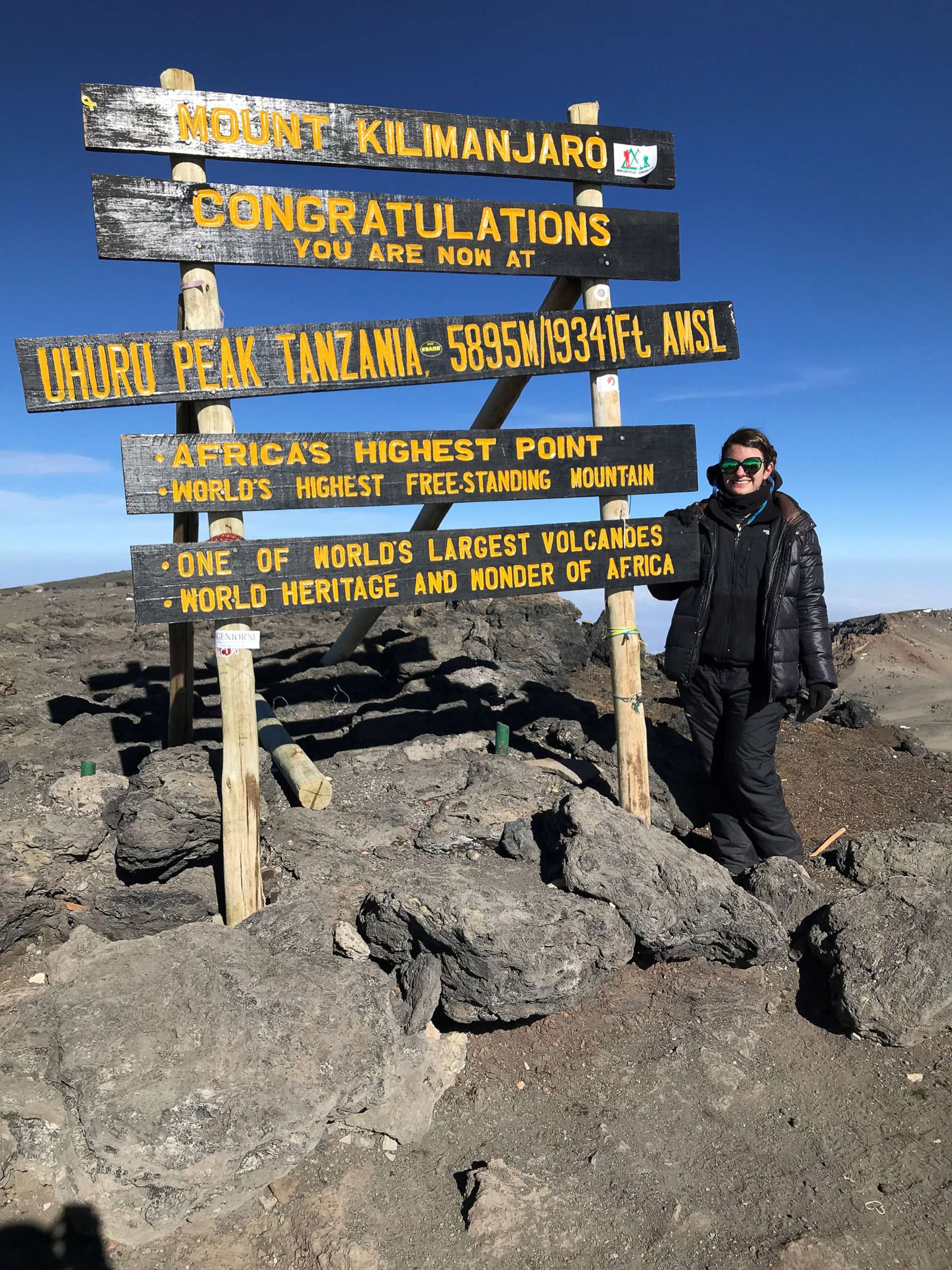 PHOTO: ABC News' Alexandra Svokos stands at the peak of Mount Kilimanjaro, Tanzania, in February 2019.