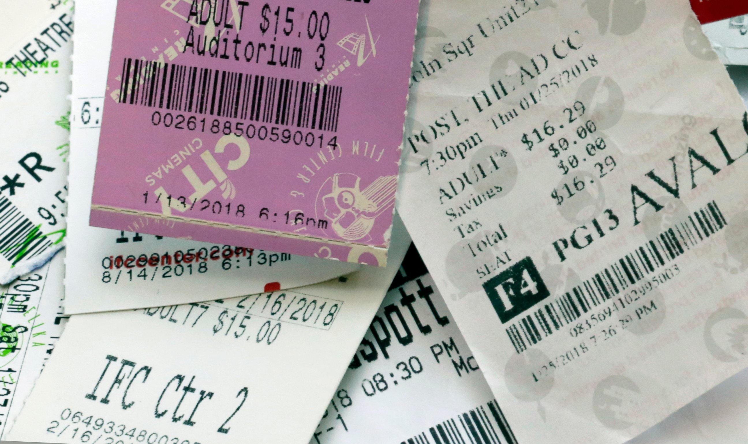 PHOTO: This Aug. 23, 2018, file photo shows movie ticket stubs in New York.