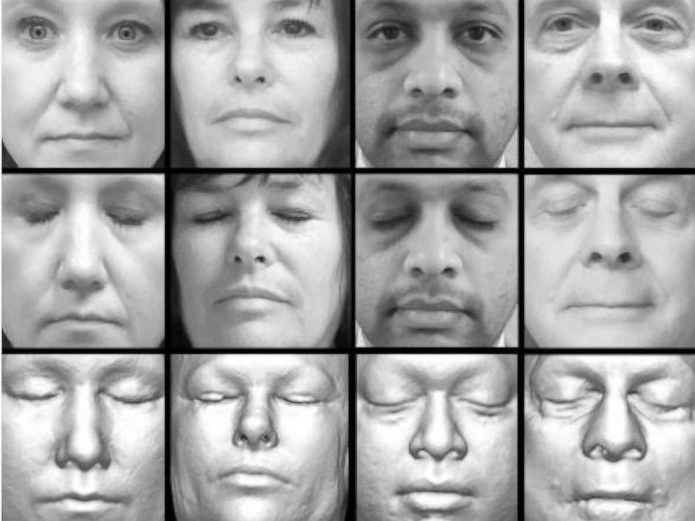 PHOTO: This figure shows photos of four participants (top two rows) and corresponding reconstructions of their faces (bottom row) created from their research MRI scans.