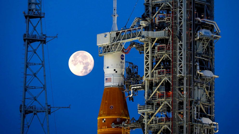 PHOTO: NASA's Artemis I Moon rocket sits at Launch Pad Complex 39B at Kennedy Space Center, in Cape Canaveral, Florida, June 15, 2022.