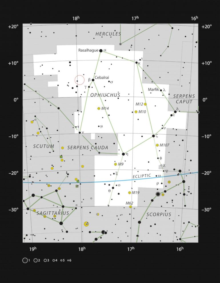 PHOTO: This chart shows the location of Barnard's Star within the constellation of Ophiuchus, straddling the celestial equator, and marks most of the stars visible to the unaided eye on a clear dark night.