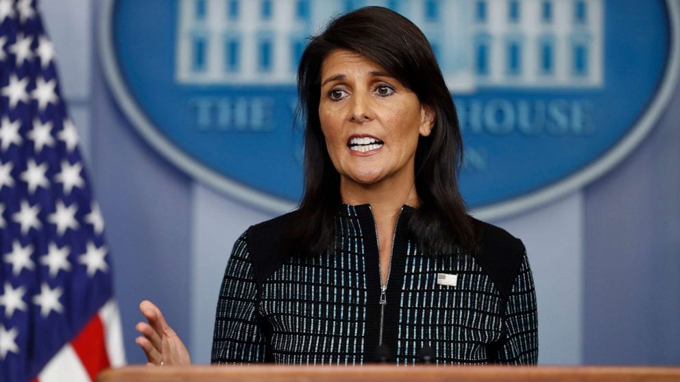 PHOTO: In this Sept. 15, 2017 file photo U.S. Ambassador to the United Nations Nikki Haley speaks during a news briefing at the White House, in Washington.
