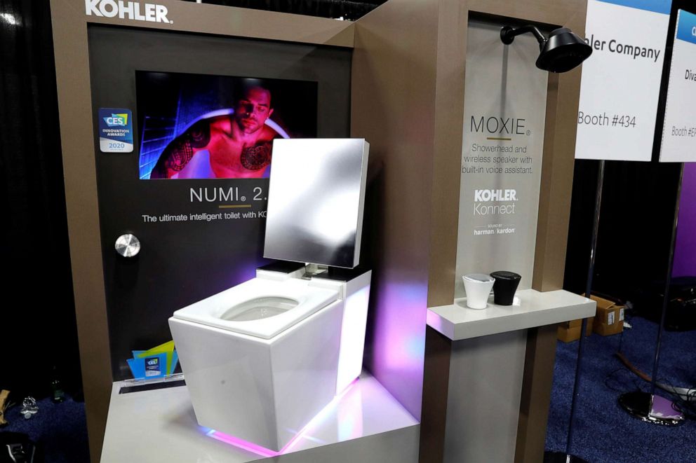 PHOTO: A Numi intelligent toilet and and Moxie shower head with wireless speaker and built-in voice assistant is displayed in the Kohler booth at CES in Las Vegas, Jan. 5, 2020.