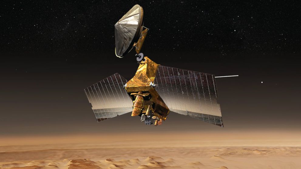 This artist's concept shows NASA's Mars Reconnaissance Orbiter mission over the red planet.