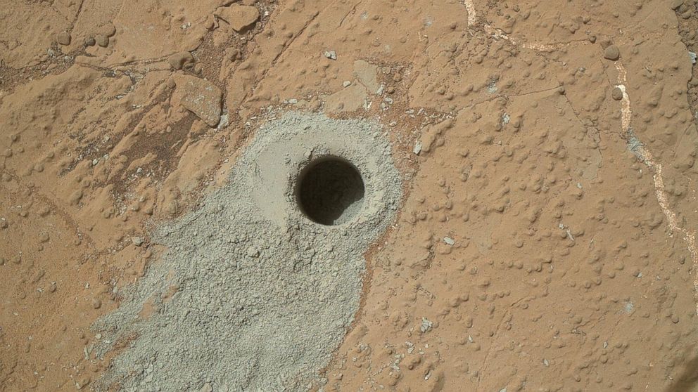 The first definitive detection of Martian organic chemicals in material on the surface of Mars came from analysis by NASA's Curiosity Mars rover of sample powder from this mudstone target, "Cumberland."