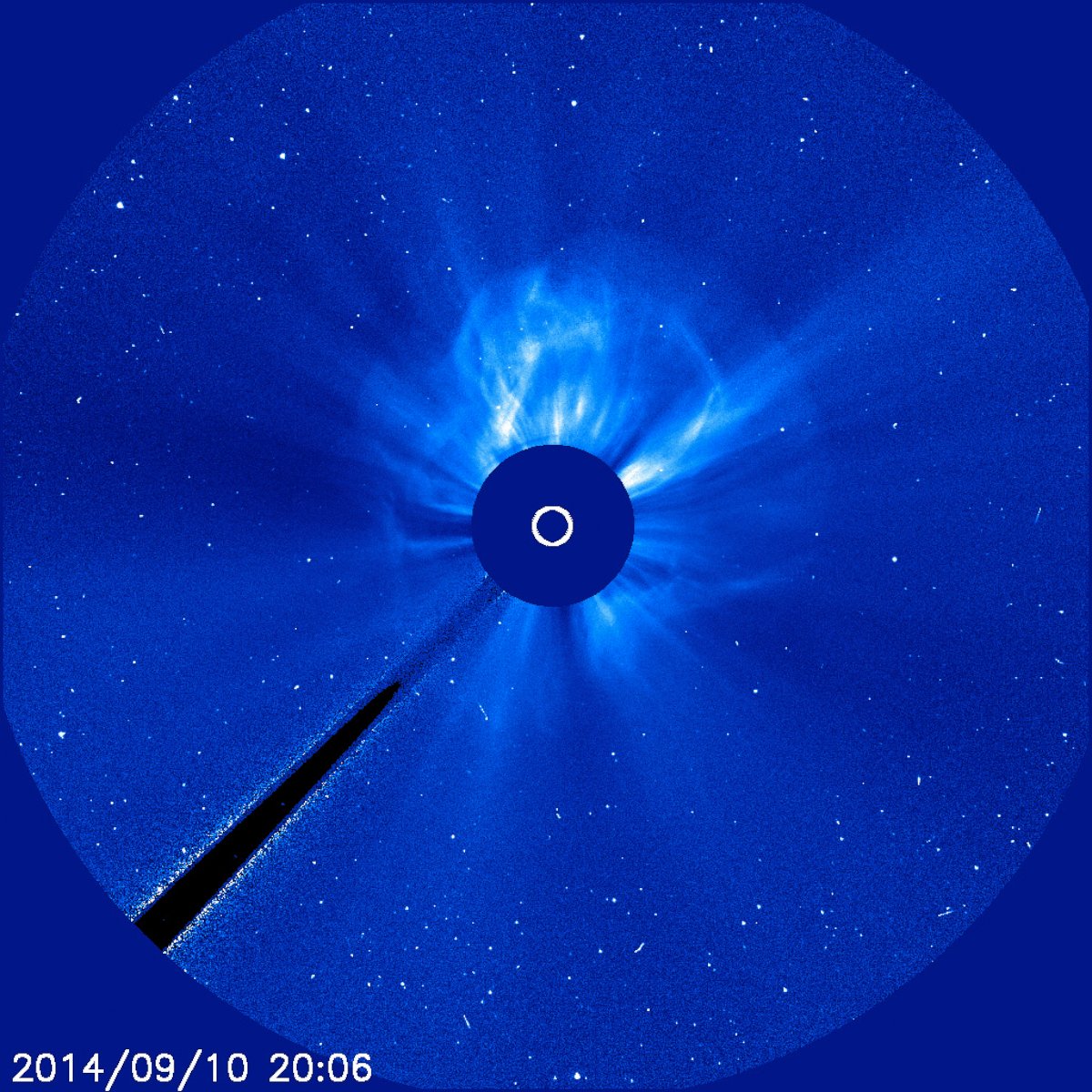 PHOTO: The coronal mass ejection associated with a Sept. 10, 2014, X1.6 flare is visible in this image from the joint European Space Agency and NASA's Solar and Heliospheric Observatory.