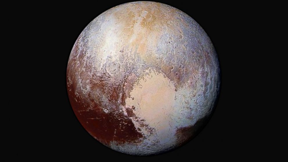 New Horizons’ Long Range Reconnaissance Imager (LORRI) were combined with color data from the Ralph instrument to create this enhanced color global view of Pluto.