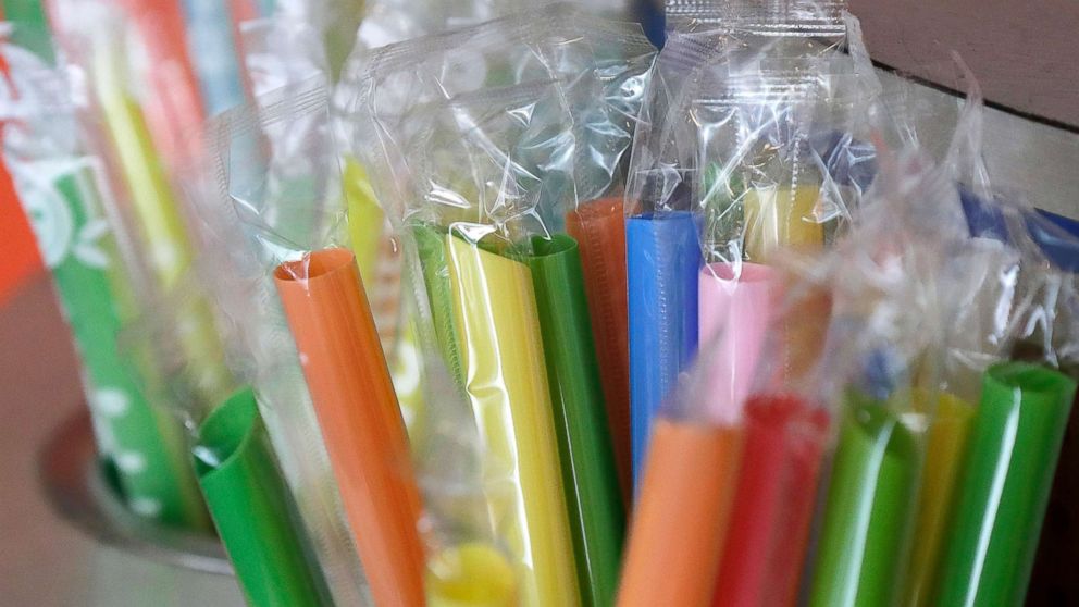 Wrapped plastic straws at a bubble tea cafe in San Francisco, July 17, 2018.