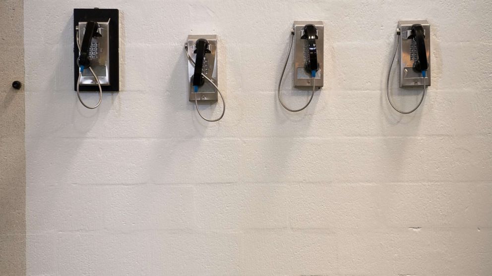 PHOTO:A bank of telephones for use by detainees is seen inside the Caroline Detention Facility in Bowling Green, Va., Aug. 13, 2018.