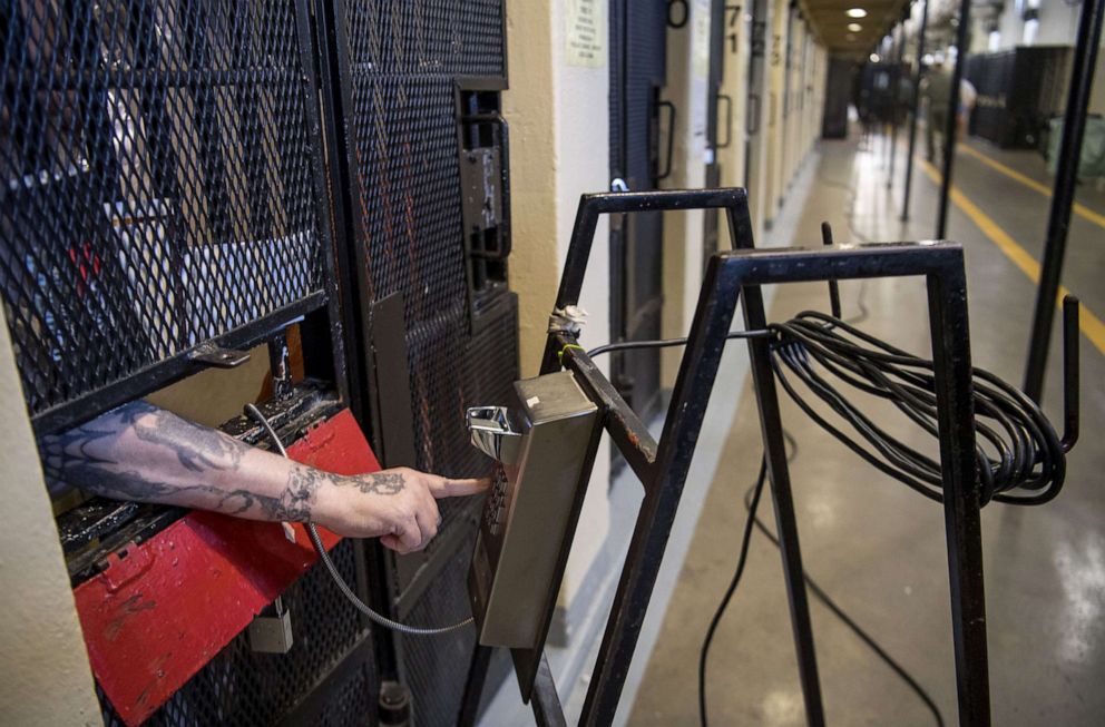 PHOTO: An inmate uses a telephone from a cell at San Quentin State Prison in San Quentin, Calif., Aug. 16, 2016. San Quentin, home to the state's only death row.