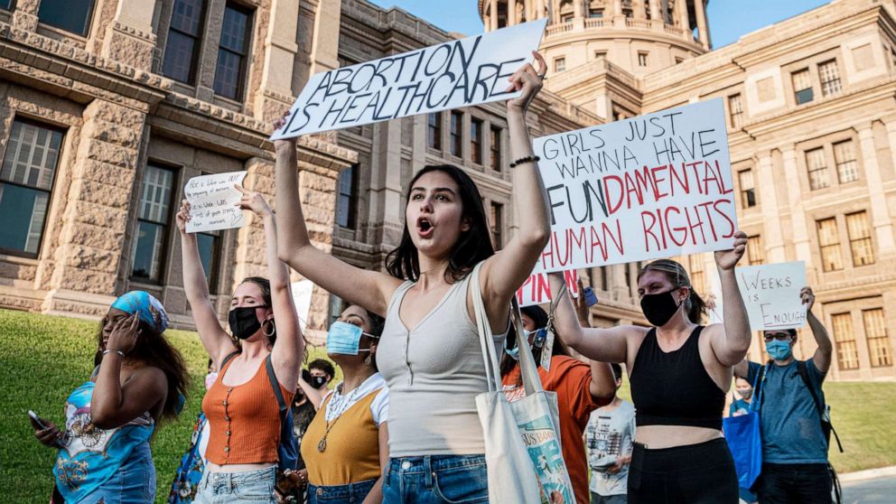 PHOTO: Pro-choice protesters march outside the Texas State Capitol on Sept. 1, 2021 in Austin, Texas. Texas passed SB8 which effectively bans nearly all abortions.