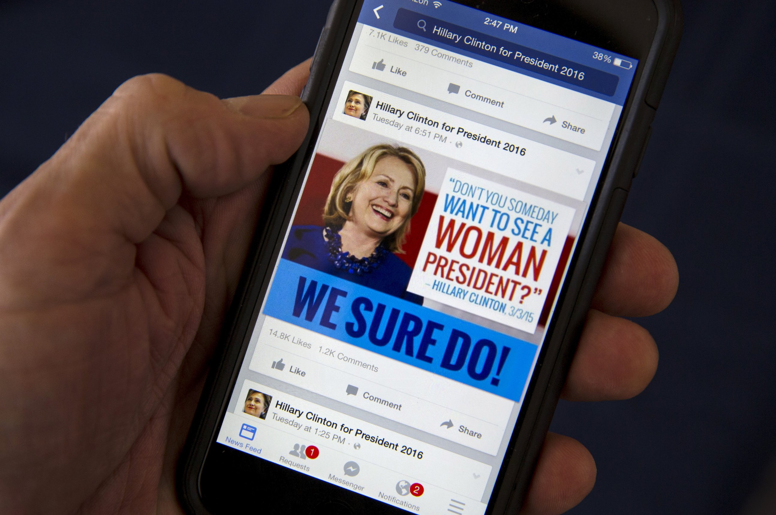 PHOTO: A mobile phone shows a Facebook page promoting Hillary Clinton for president in 2016, photographed on April 13, 2015.