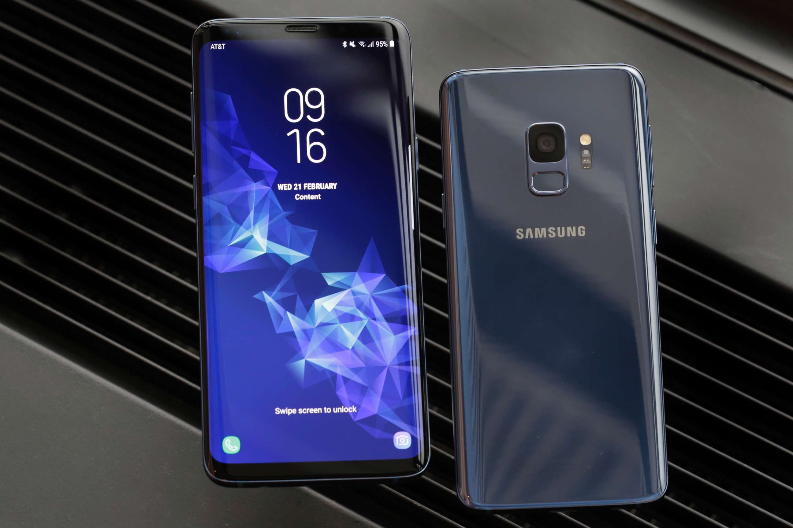 PHOTO: This Wednesday, Feb. 21, 2018, photo shows the Samsung Galaxy S9 Plus, left, and back of a Galaxy S9 mobile phone, during a product preview in New York.