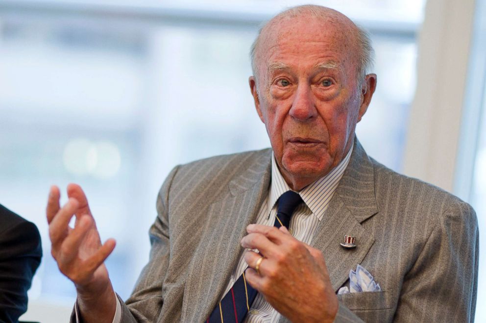 PHOTO: George Shultz, former U.S. treasury secretary and former U.S. secretary of state, speaks during an interview in New York, Sept. 19, 2011. 