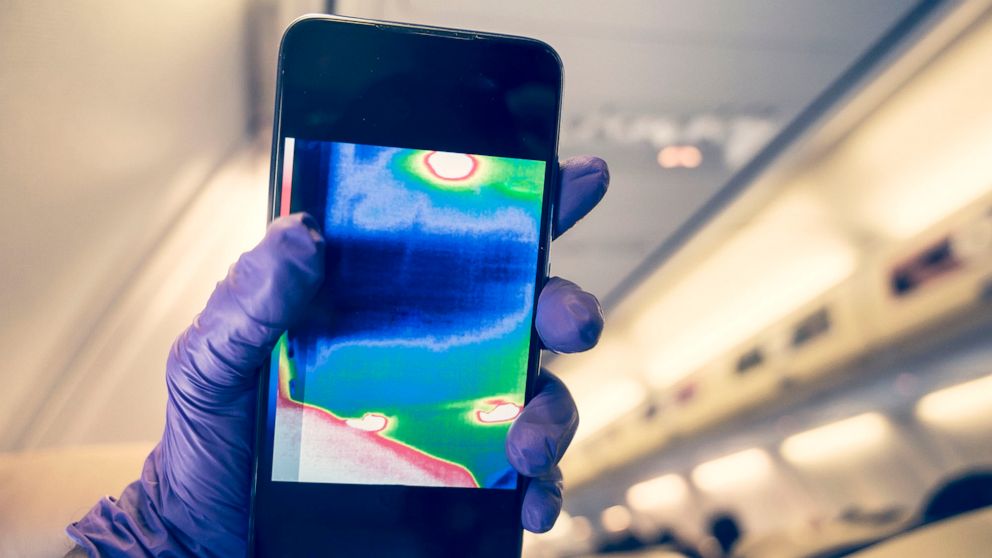 PHOTO: A thermal image is displayed on a smartphone aboard an airplane in an undated stock image.