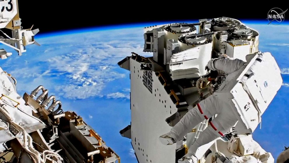 PHOTO: ESA (European Space Agency) astronaut Thomas Pesquet checks cables during the ISS Expedition 65 US Spacewalk # 74 on June 16, 2021. The spacewalk will last over six hours in support of station assembly, maintenance, and upgrades.