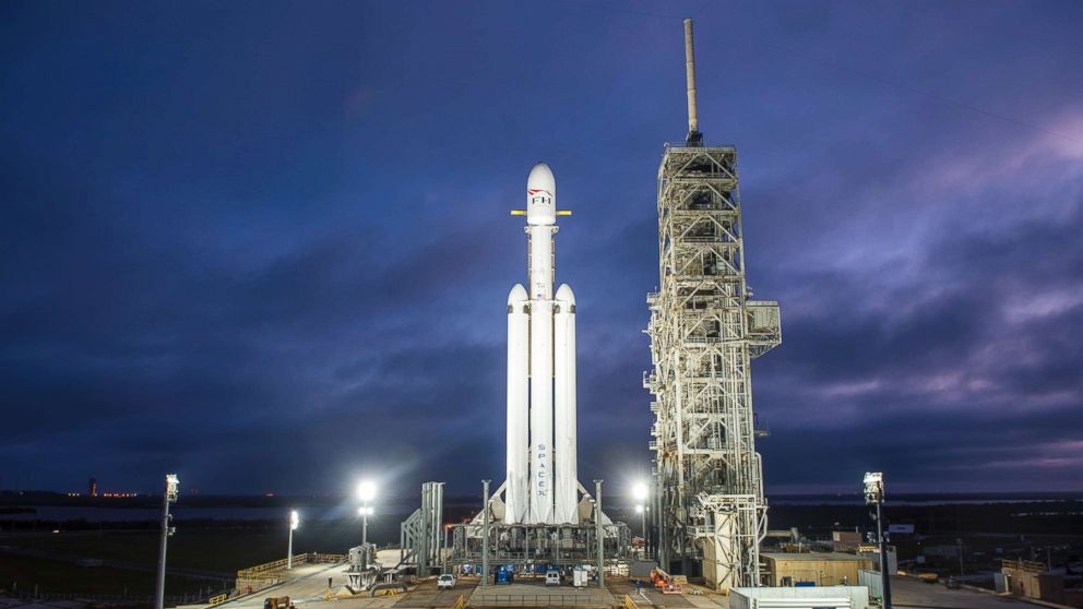 This Dec. 28, 2017 photo shows a Falcon Heavy rocket in Cape Canaveral, Fla. 