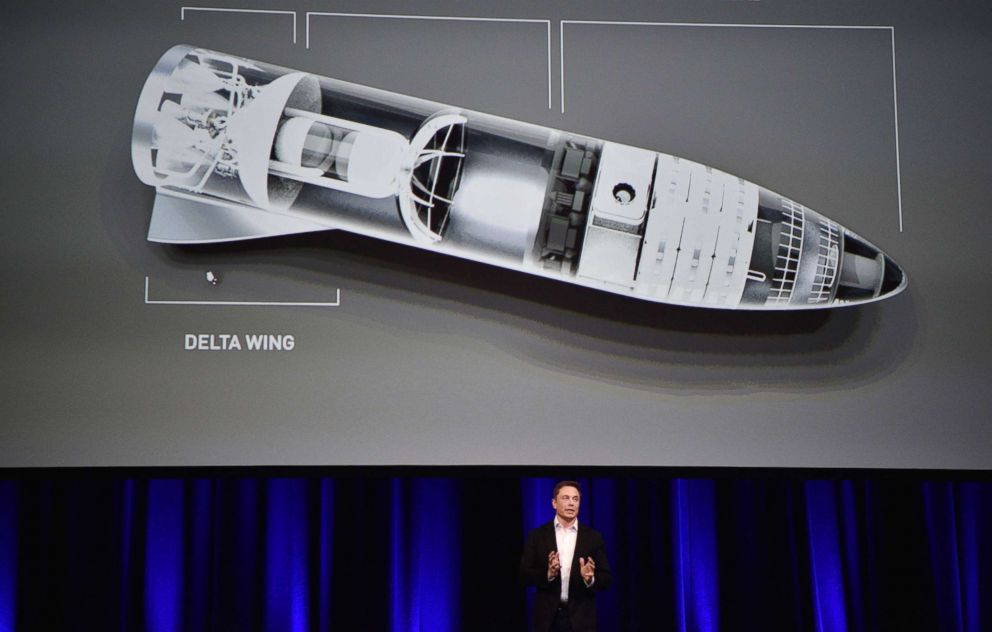 PHOTO: In this file photo taken on Sept. 28, 2017, Billionaire entrepreneur and founder of SpaceX Elon Musk speaks below a computer generated illustration of his new rocket at the 68th International Astronautical Congress 2017 in Adelaide, Australia.